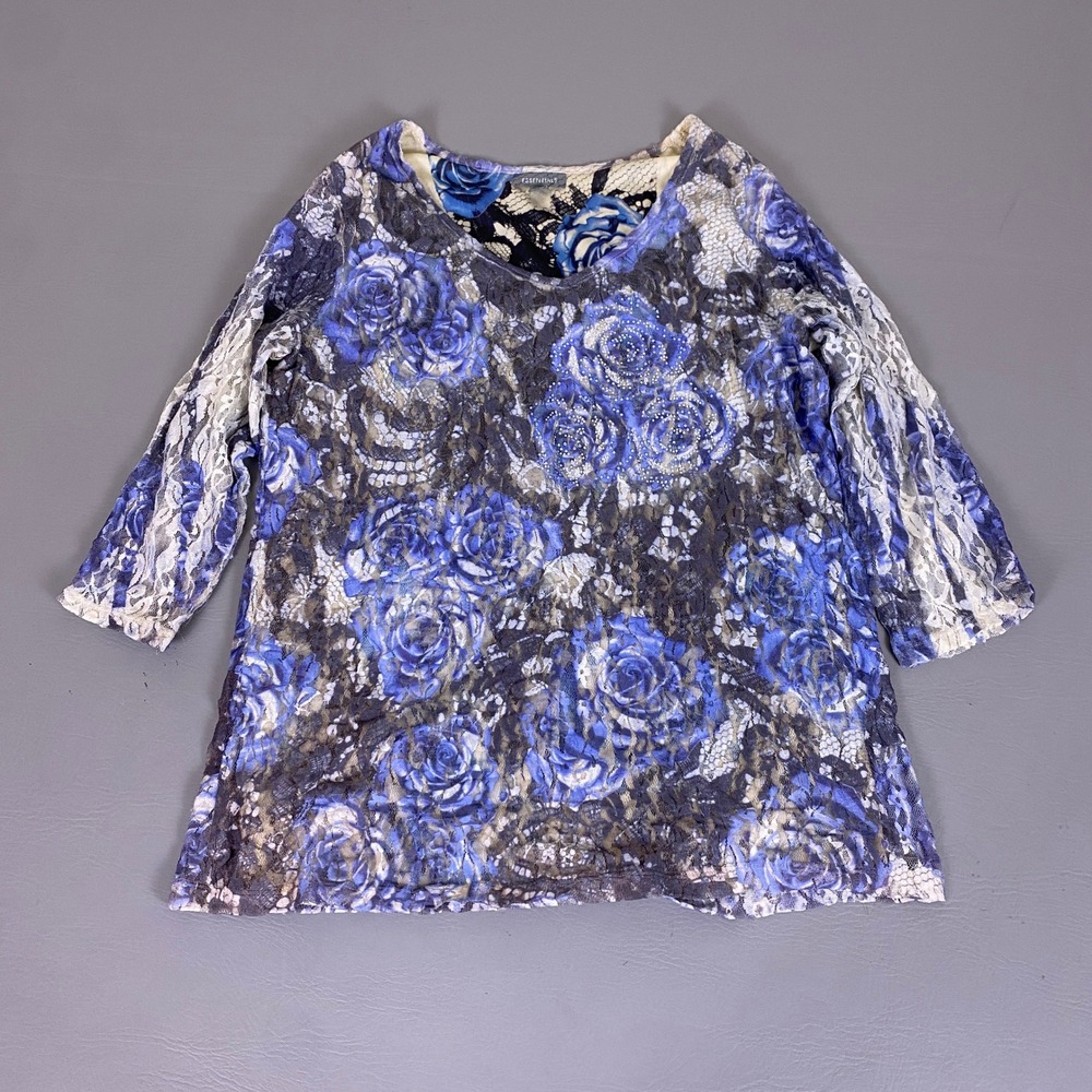 Essentials Top Plus Size 0X Blue Floral Lace Rhinestone Embellished 3/4‎ Sleeve